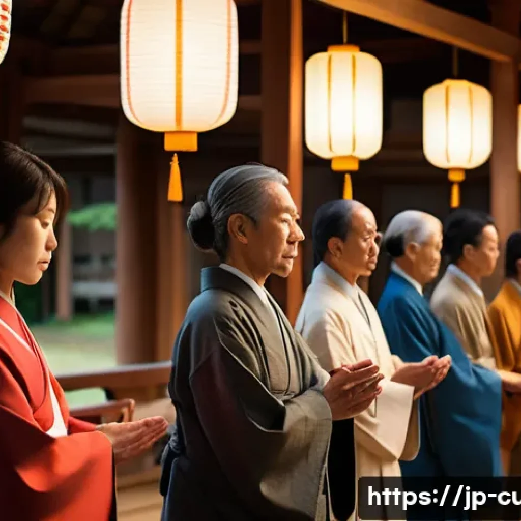 종교적 세뇌 기법 - A serene religious gathering in a modern Japanese temple, with diverse participants in modest clothi...