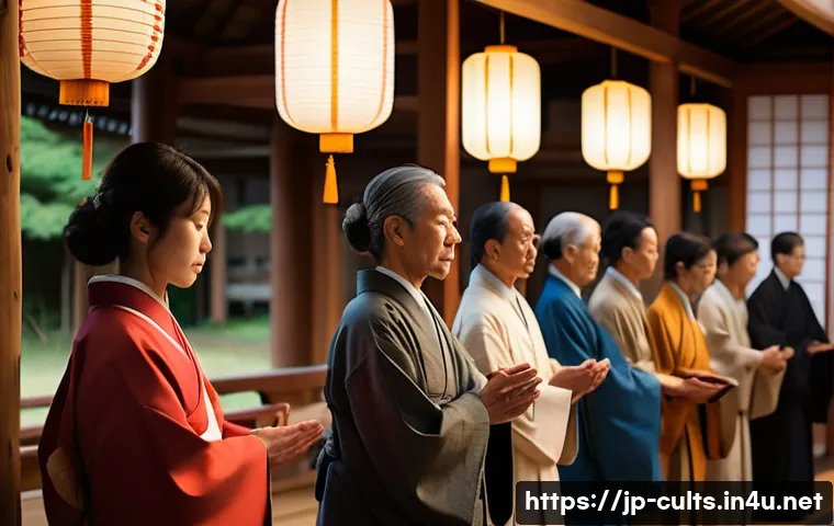 종교적 세뇌 기법 - A serene religious gathering in a modern Japanese temple, with diverse participants in modest clothi...