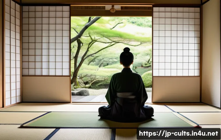 대순진리회의 철학 - A serene Japanese morning scene featuring a young adult meditating peacefully in a traditional tatam...