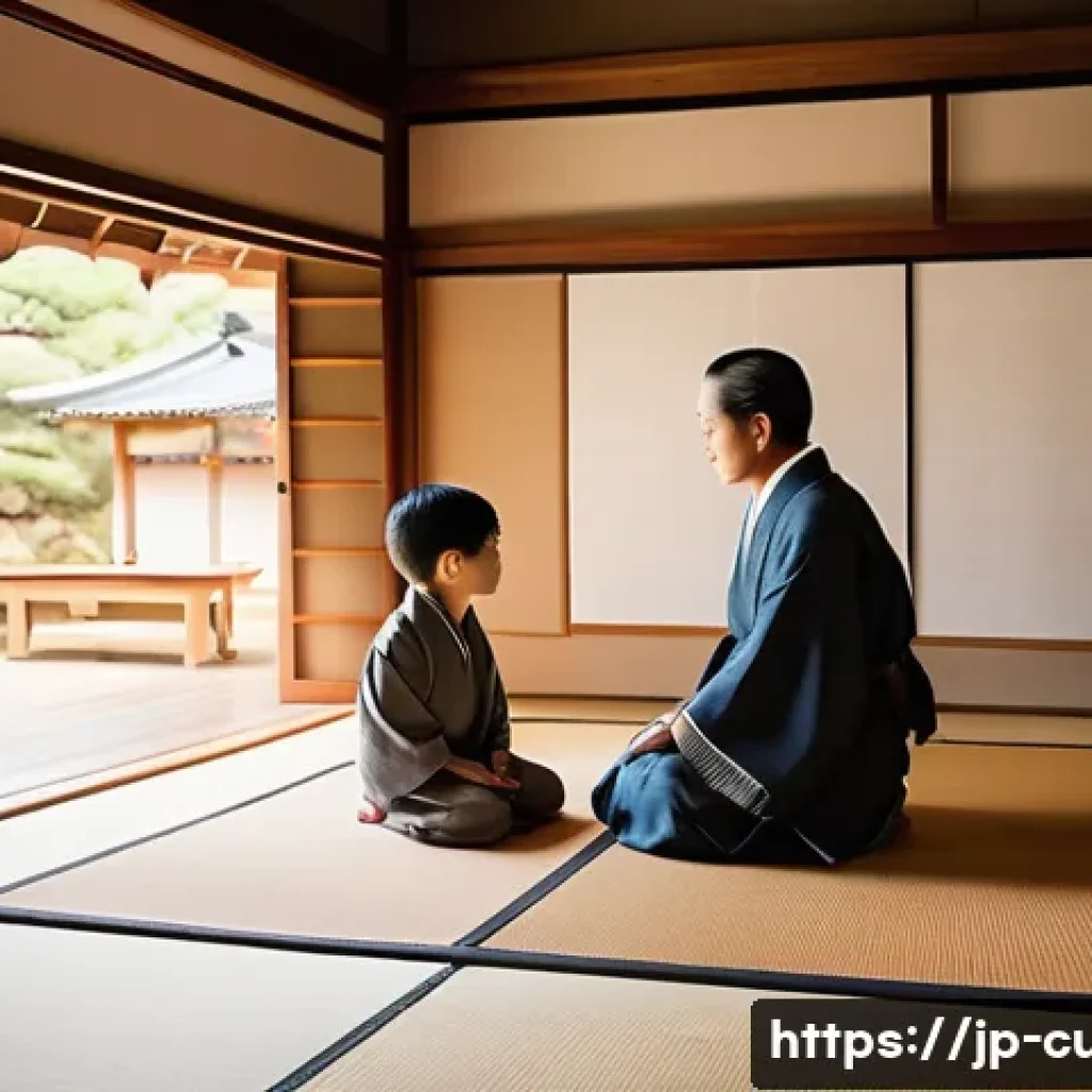 대순진리회 창립자의 생애 - A serene Japanese family scene in a traditional home setting, depicting a young boy with gentle spir...