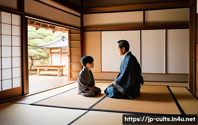 대순진리회 창립자의 생애 - A serene Japanese family scene in a traditional home setting, depicting a young boy with gentle spir...