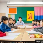 종교와 사회적 갈등 - A diverse group of Japanese elementary school children in a modern classroom, happily participating ...