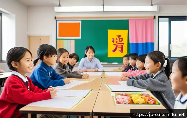 종교와 사회적 갈등 - A diverse group of Japanese elementary school children in a modern classroom, happily participating ...