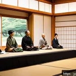 대순진리회 주요 행사 - A serene indoor scene of a modern spiritual seminar in Japan, featuring a diverse group of Japanese ...