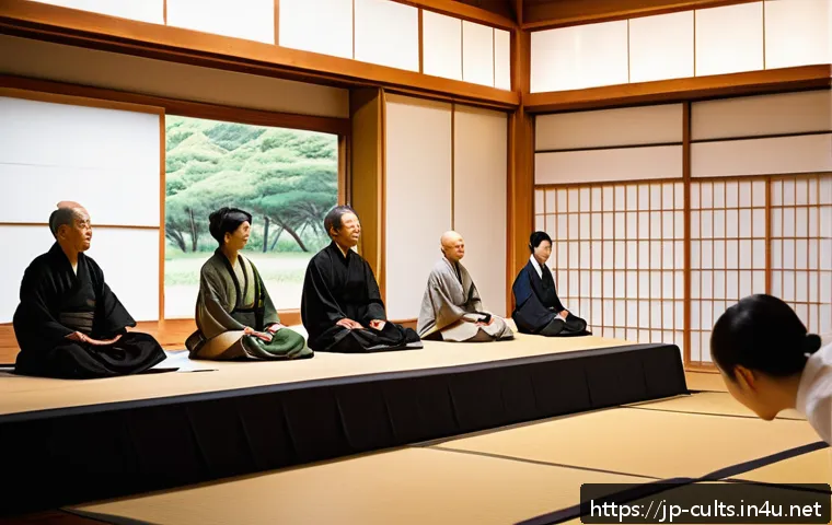 대순진리회 주요 행사 - A serene indoor scene of a modern spiritual seminar in Japan, featuring a diverse group of Japanese ...