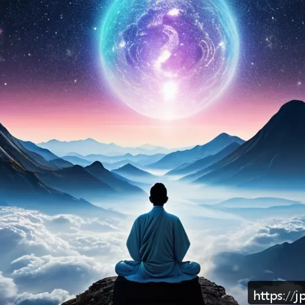 대순진리회의 교리적 특징 - A serene, multi-layered spiritual realm depicted as a vast cosmic landscape with translucent, glowin...