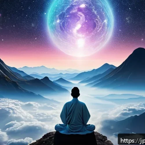대순진리회의 교리적 특징 - A serene, multi-layered spiritual realm depicted as a vast cosmic landscape with translucent, glowin...
