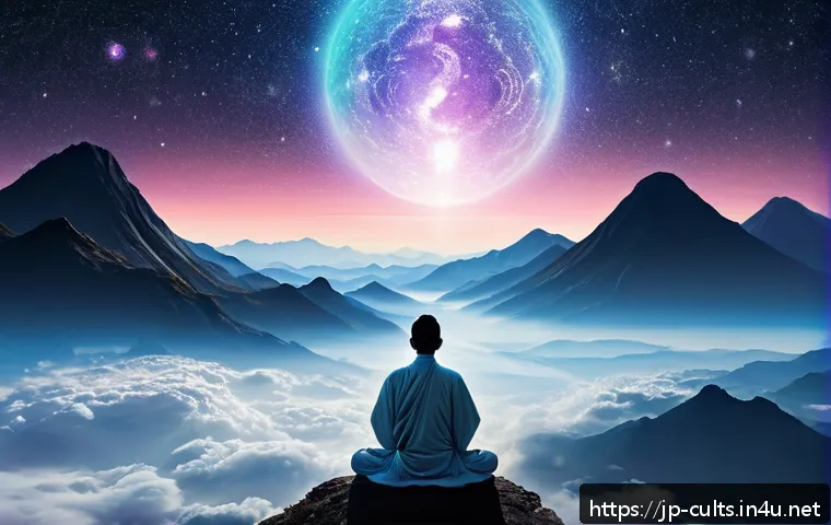 대순진리회의 교리적 특징 - A serene, multi-layered spiritual realm depicted as a vast cosmic landscape with translucent, glowin...